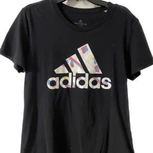 Adidas Shirt Women's Medium Black Top Graphic Tee Neon/Floral